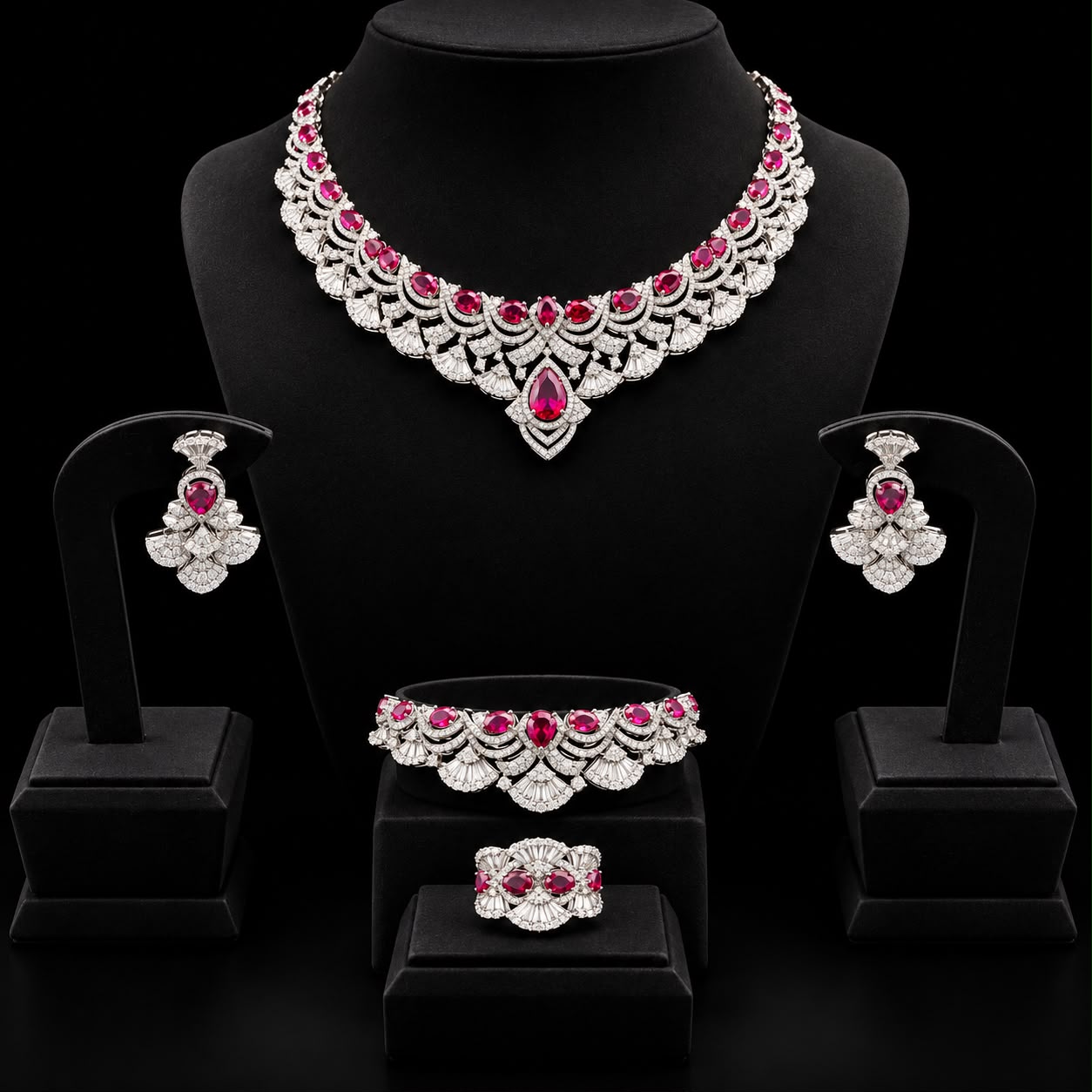 Royal Crimson Ruby & Cubic Zirconia Statement Full Jewelry Set 2
