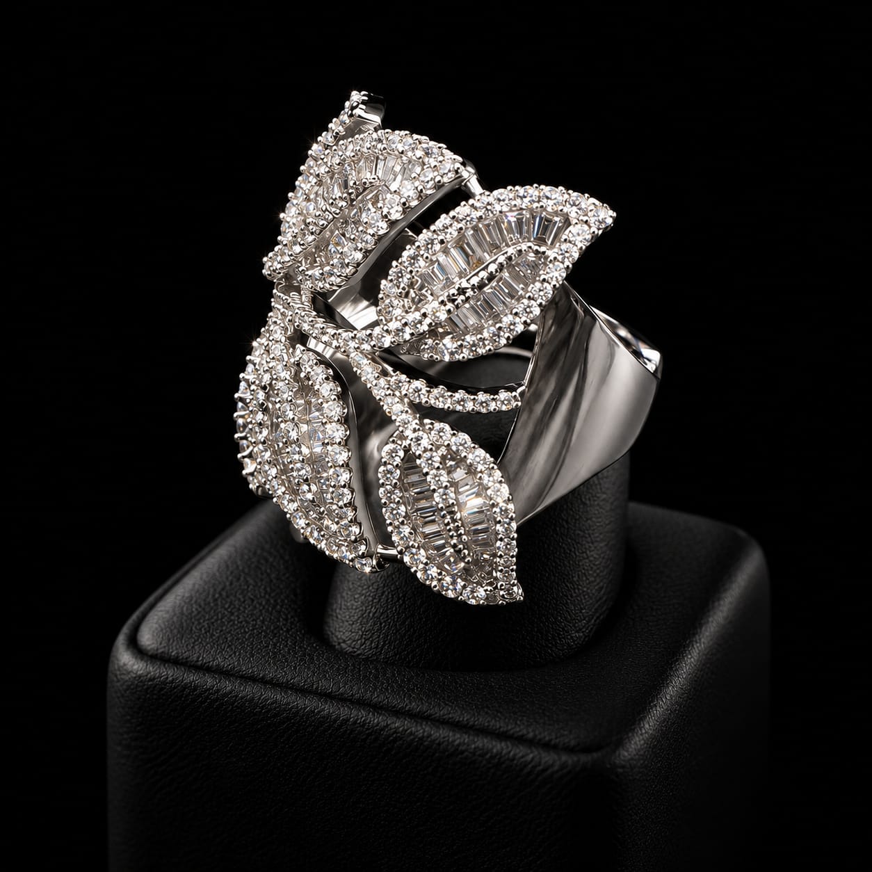Leaf Motif Zircon Statement Bangle & Matching Ring Set 3