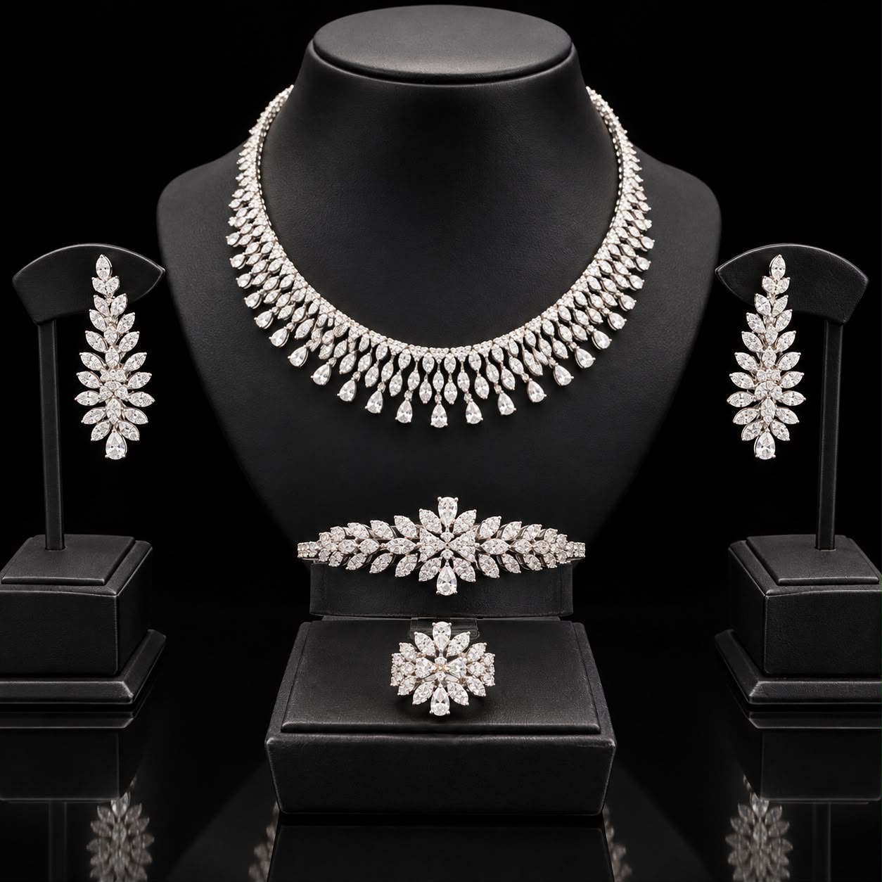 Royal Crystal Zircon Floral Jewelry Set (Necklace, Earrings, Bracelet & Ring)