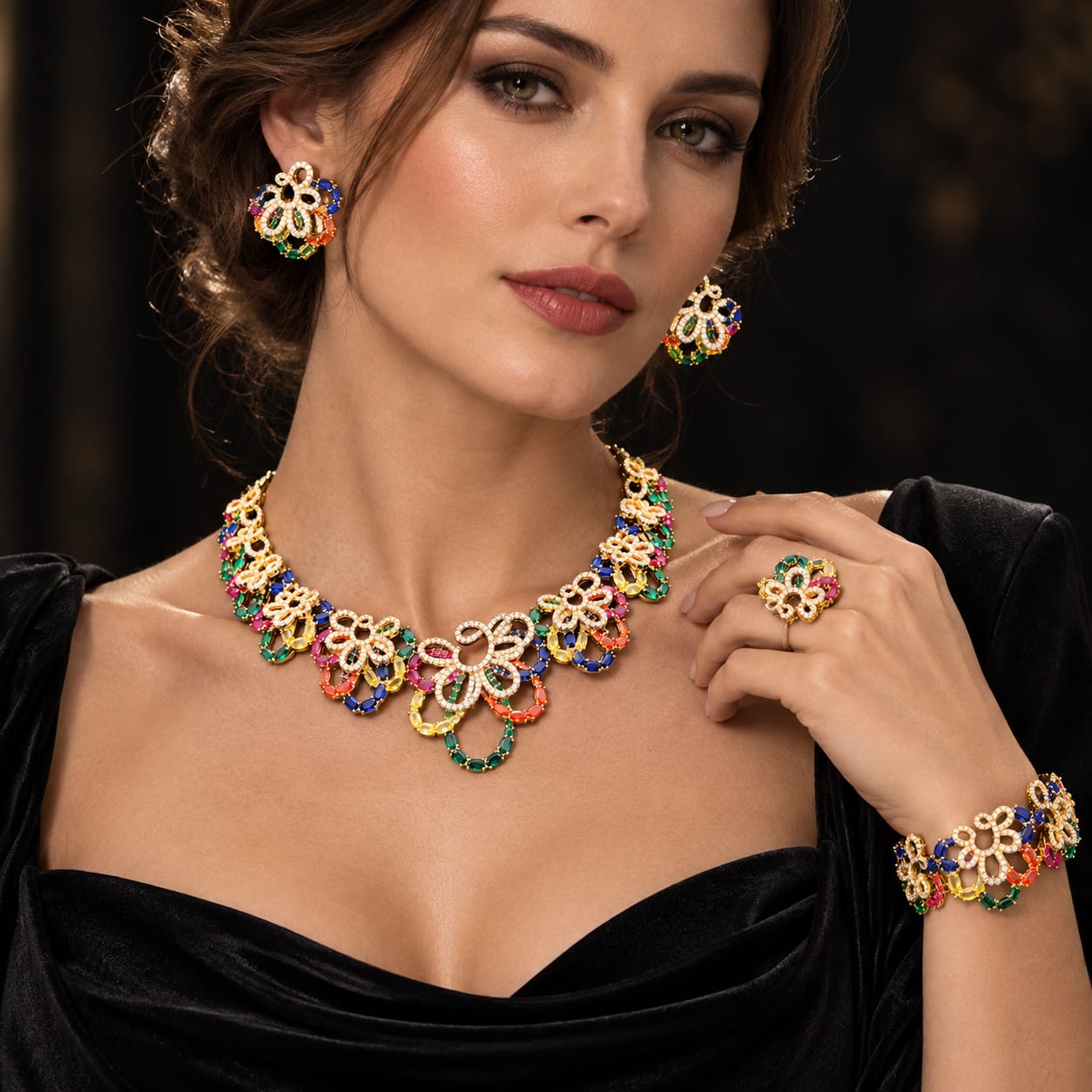 Multicolor Floral Zircon Jewelry Set