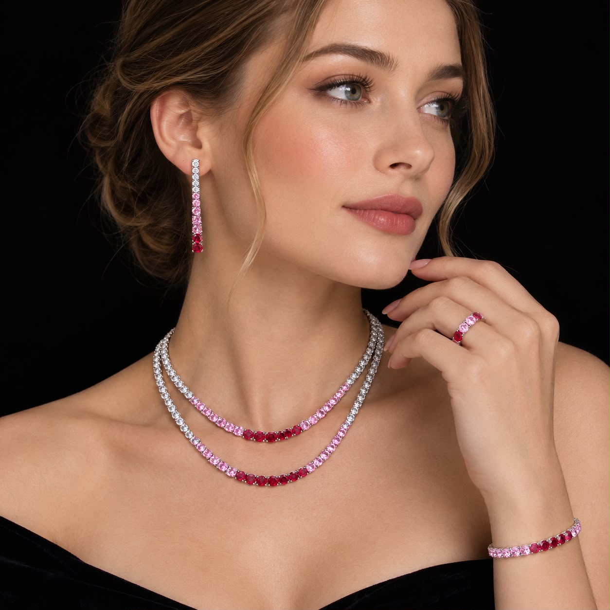 Pink & Red Gradient Zircon Tennis Jewellery Set