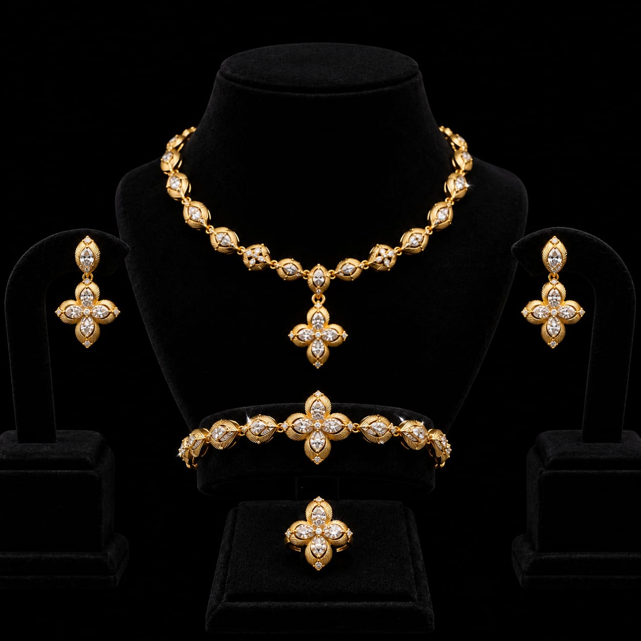 Gold-Finish Four-Petal Floral Zircon Jewelry Set 5