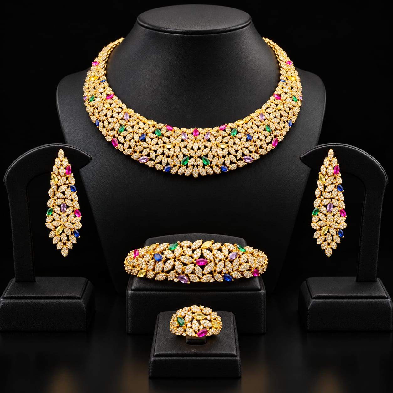 Vibrant Floral Lattice Zircon Jewelry Set