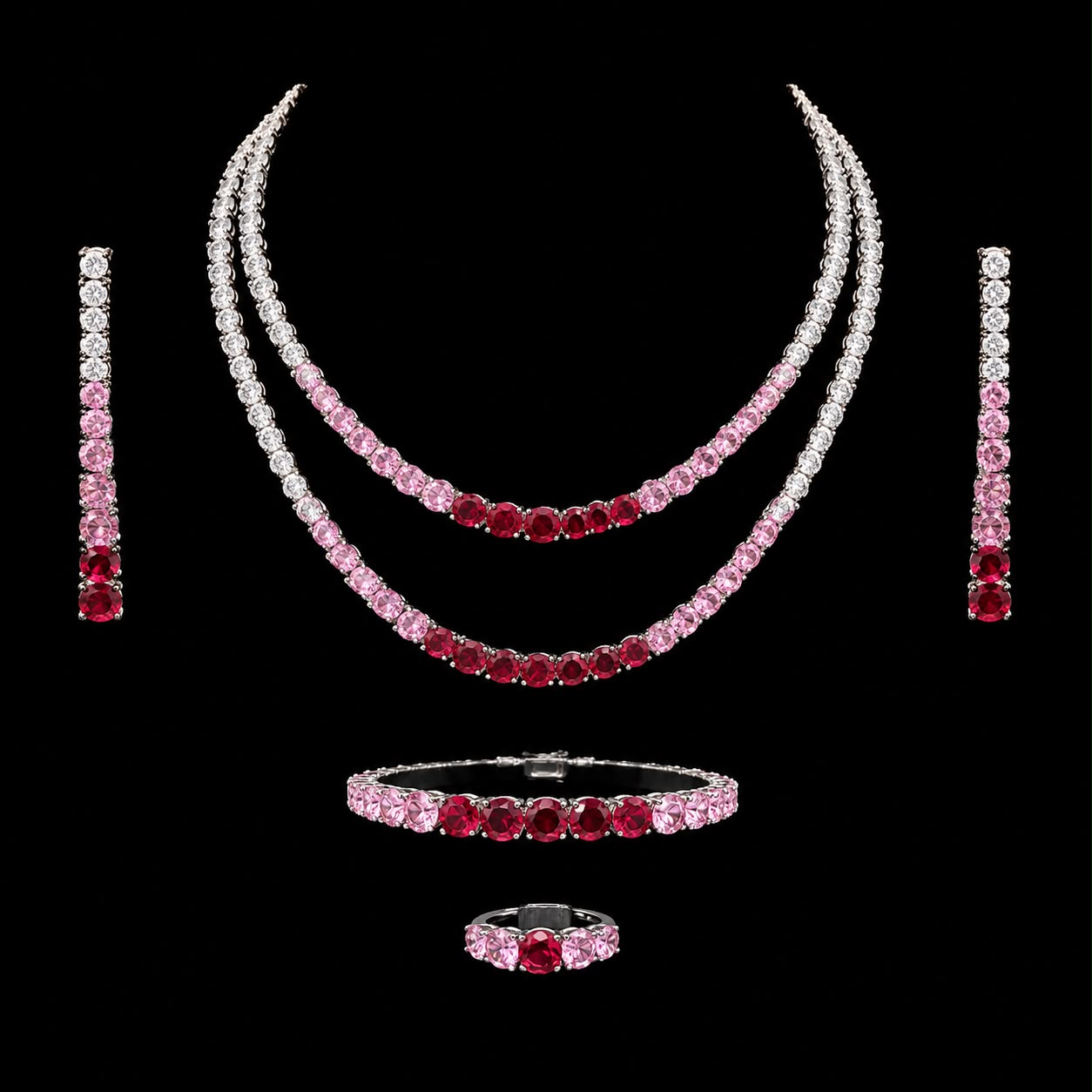 Pink & Red Gradient Zircon Tennis Jewellery Set 2