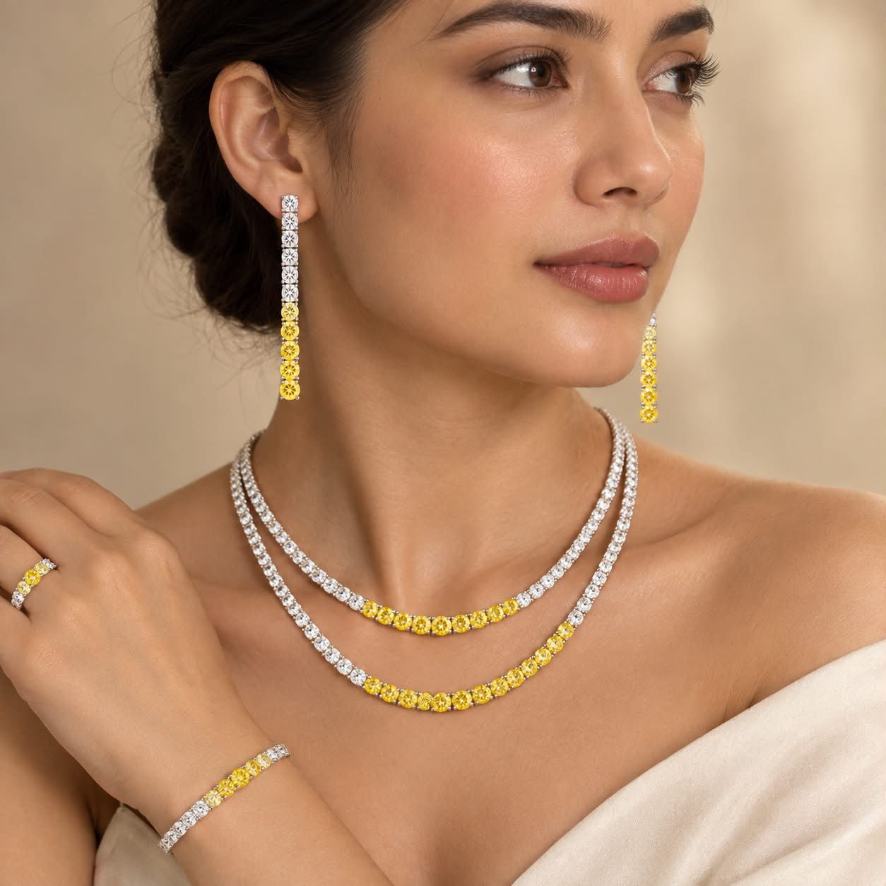 Radiant Yellow & White Cubic Zirconia Tennis Jewelry Set