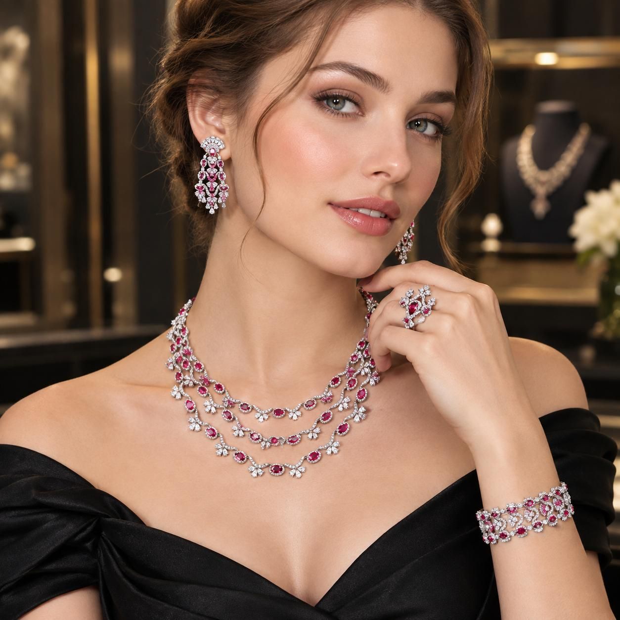 Red Ruby Zircon Bridal Jewelry Set