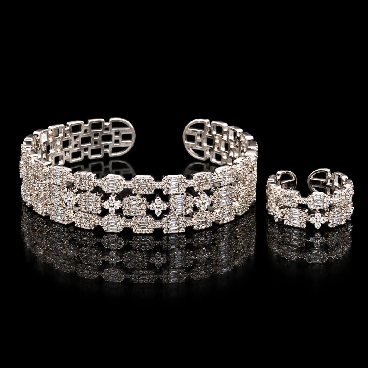 Square Bloom Zircon Bangle & Ring Set 4
