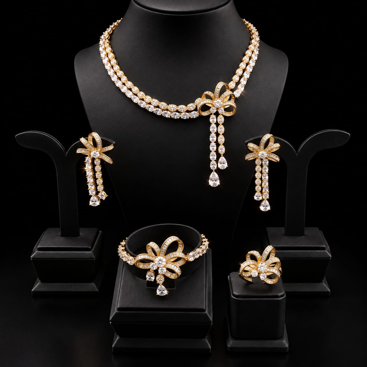Golden Bow Ribbon Cubic Zircon Jewellery Set 2