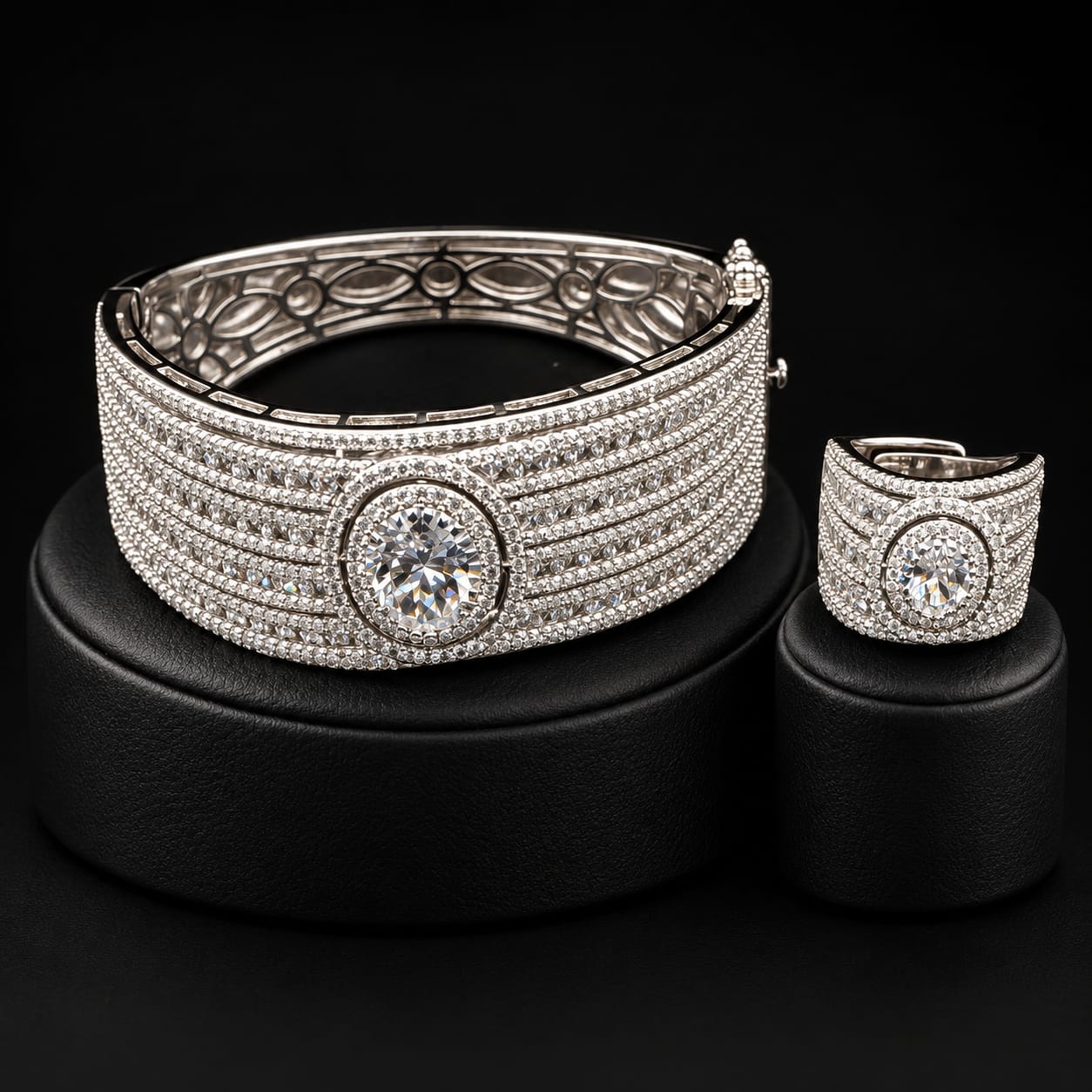 Sparkling Zircon Broad Cuff Bangle & Matching Ring Set