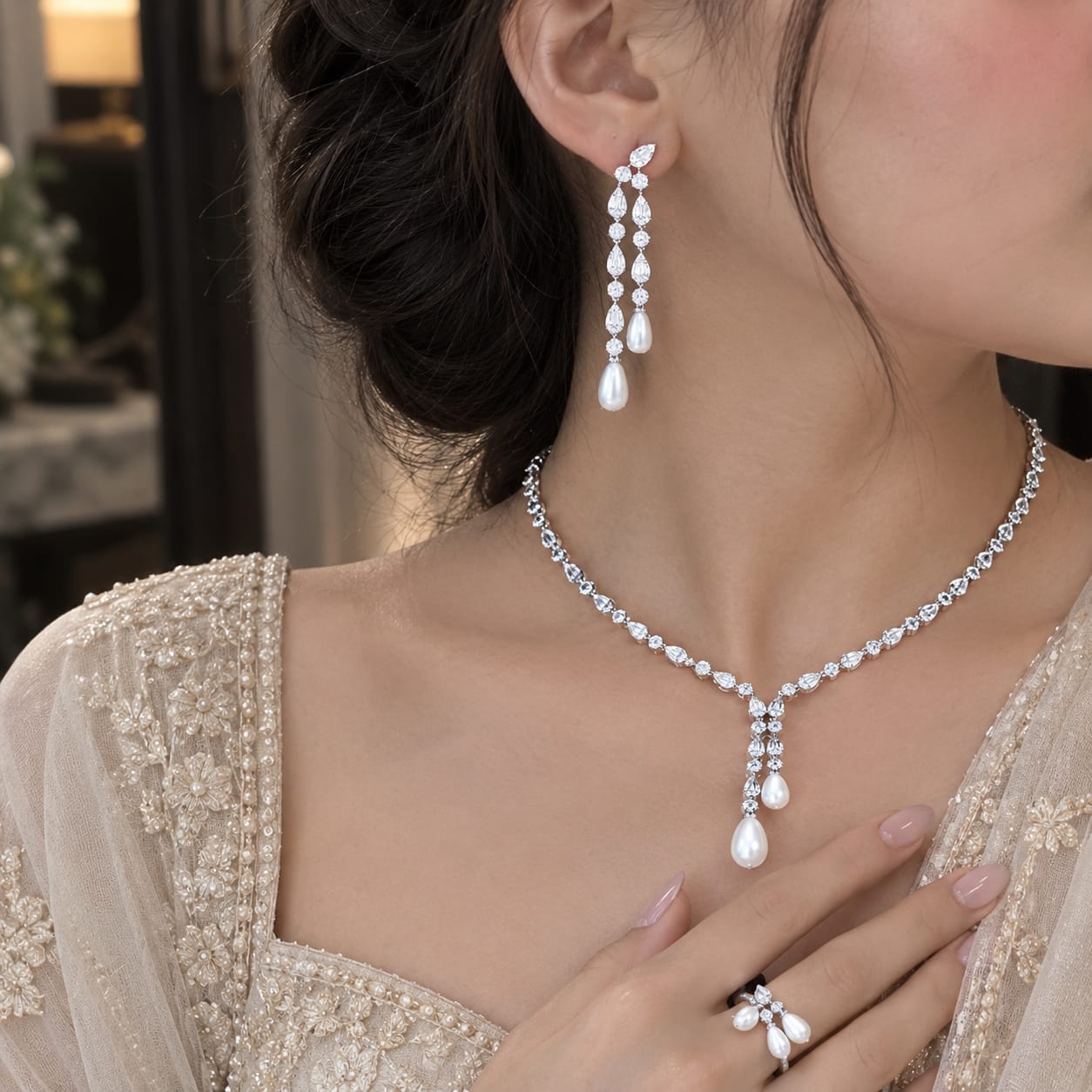 Royal Pear-Cut Cubic Zirconia & Pearl Jewelry Set