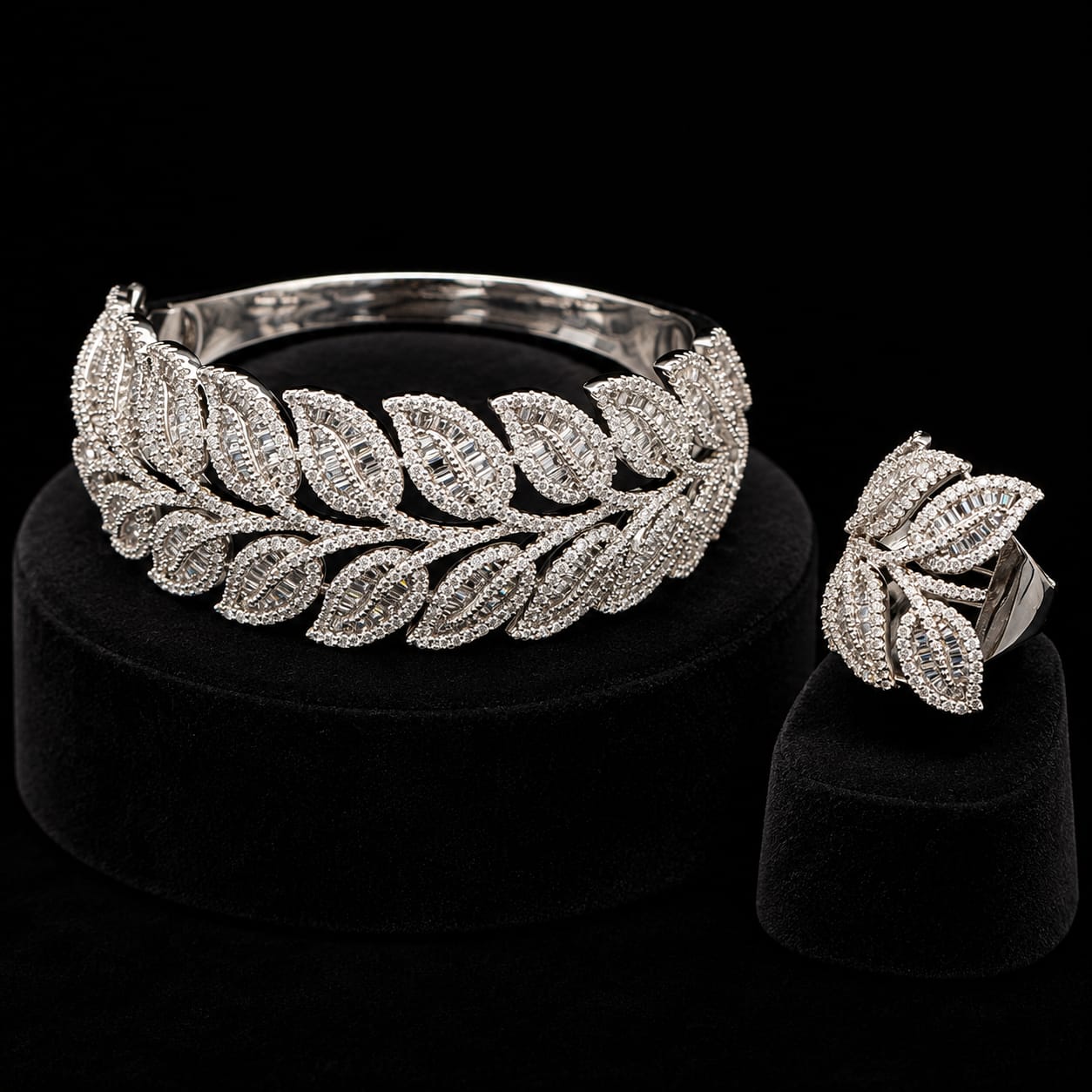 Leaf Motif Zircon Statement Bangle & Matching Ring Set