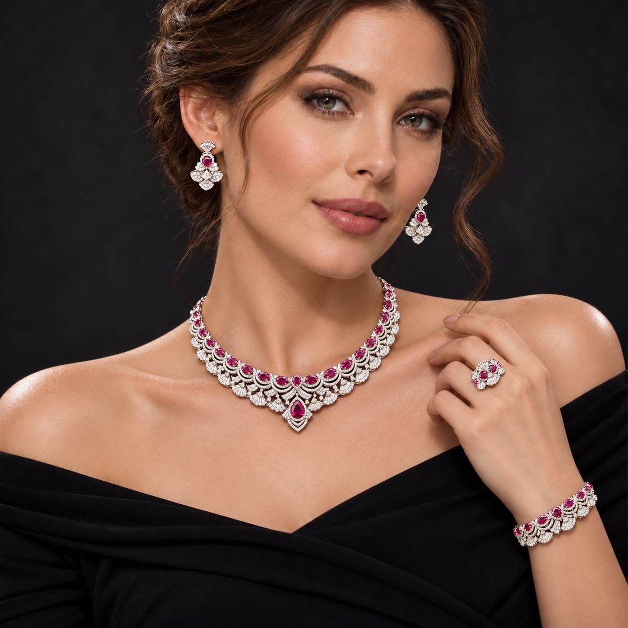 Royal Crimson Ruby & Cubic Zirconia Statement Full Jewelry Set