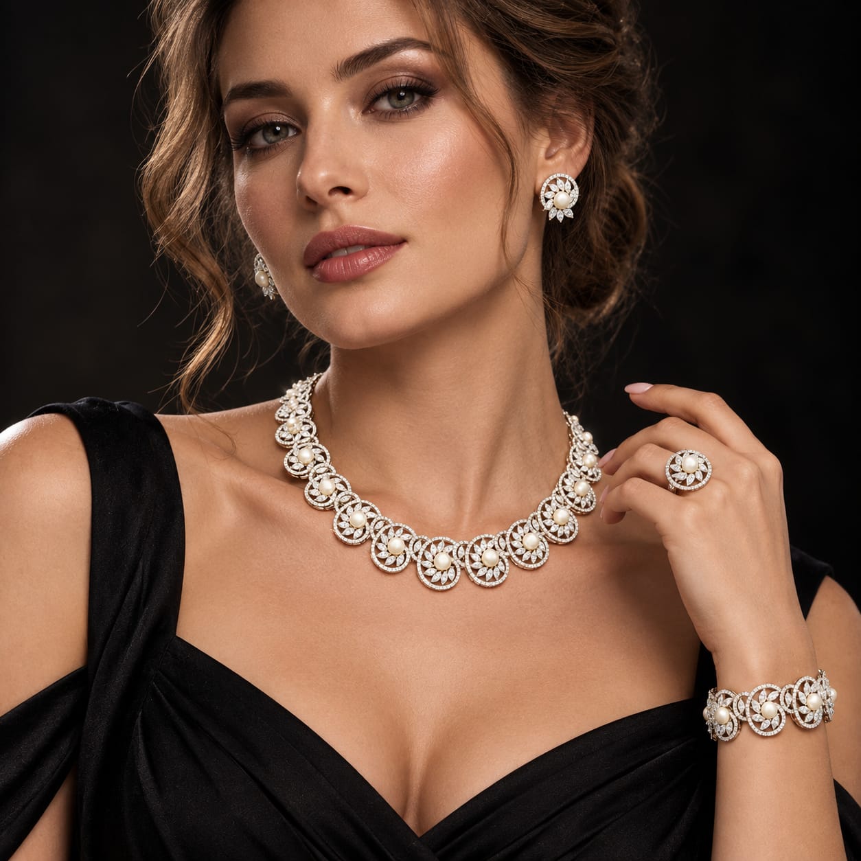 Royal Pearl Floral Zircon Jewellery Set