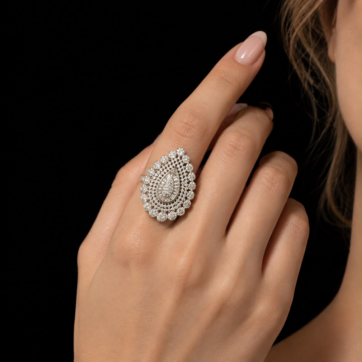 Royal Pear Cluster Zircon statement ring